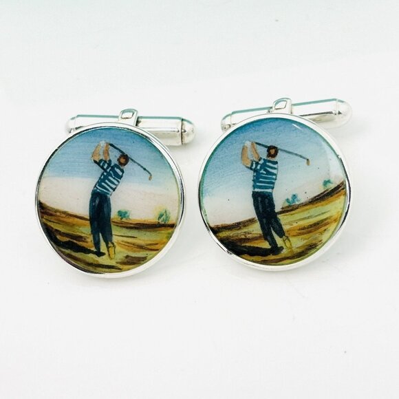 Tiffany Golf Hand Painted Enamel Cufflinks Vintage in Sterling Silver - Picture 1 of 7